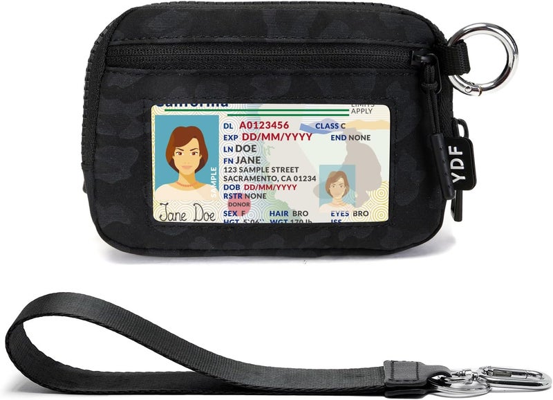 YDF Keychain Wallet for Women Mini Zip Card Holder with ID Window Coin Purse Detachable Wristlet Small Wallets Black Leopard - Image 1